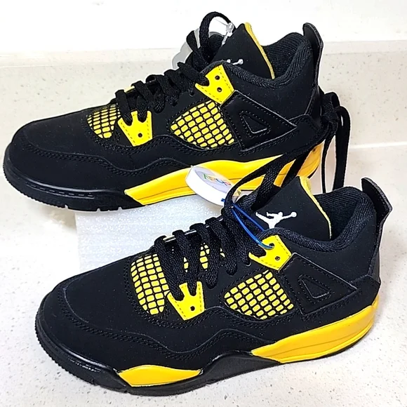 NIKE Air Jordan 4 Retro Thunder Black Yellow Sneakers Boys Size 13C NEW - Picture 1 of 9